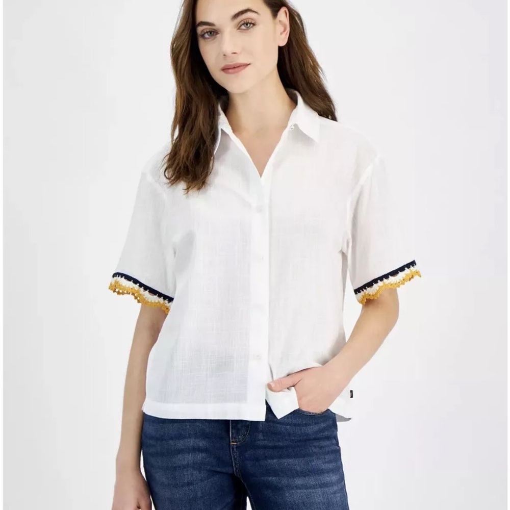 Nautica Jeans Short-Sleeve Crochet-Trim Cotton Shirt - Size XS - New with Tag